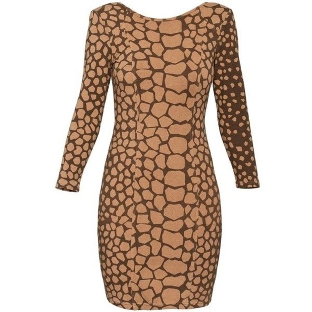 Aritzia Wilfred Free Giraffe Print Long Sleeve Bodycon Mini Dress Tan Black XS